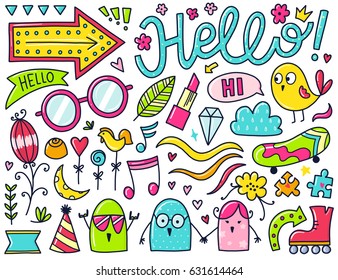 Doodles cute isolated elements. Color vector items. Illustration with hearts and flowers, music notes and lettering, cloud and bird.