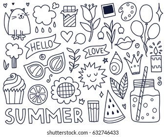 Doodles cute isolated elements. Monochrome vector items. Illustration with hearts and flowers, cat and lettering, cloud and watermelon.