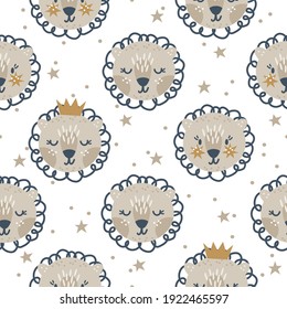 Doodles cute lion faces seamless pattern in pastel color. Kids texture for fabric, wrapping, textile, wallpaper, apparel.