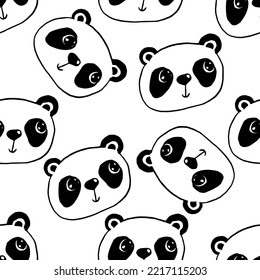 Doodles cute panda head face seamless pattern. Black on white vector background. Illustration with panda china bear. Design for T-shirt, textile and prints.