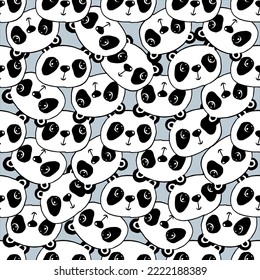 Doodles süße Panda Kopf Gesicht nahtlos Muster. Schwarz auf grauem Vektorhintergrund. Illustration mit Panda Porzellanbär. Design für T-Shirt, Textilien und Drucke.