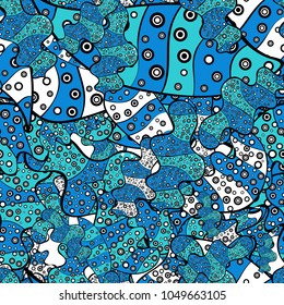 Doodles cute pattern. It can be used on wallpaper, mug prints, baby apparels, wrapping boxes etc. Seamless Beautiful fabric pattern. Vector - stock. Nice background. Blue, black and white on colors.