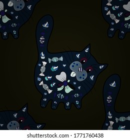 Un lindo patrón de garabatos. Gris, negro y azul sobre los colores. Vector - stock. Bonito fondo. Impresionante patrón de tela. Foto de gato.