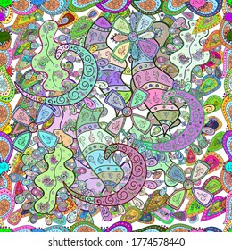 Doodles cute pattern. Neutral, green and blue on colors. Vector - stock. It can be used on wallpaper, mug prints, baby apparels, wrapping boxes etc. Seamless Beautiful fabric pattern. Nice background.
