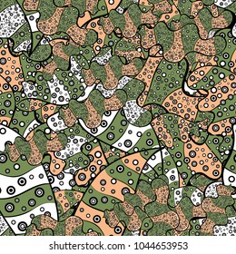 Doodles cute pattern. Seamless Beautiful fabric pattern. Vector - stock. Black, green and beige on colors. Nice background.