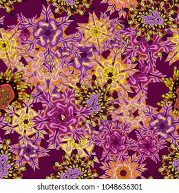 Doodles cute pattern. Seamless Beautiful fabric pattern. Vector - stock. Purple, pink and yellow on colors. Nice background.