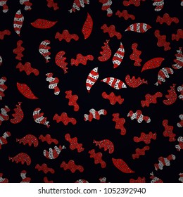 Doodles cute pattern. Seamless Beautiful fabric pattern. It can be used on wallpaper, mug prints, baby apparels, wrapping boxes etc. Vector - stock. Black, red and white on colors. Nice background.
