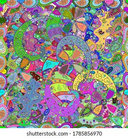 Doodles süßes Muster. Nahtlos Schönes Stoffmuster. Vektorgrafik - Stock. Netter Hintergrund. Violett, grün und blau auf den Farben.