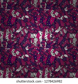 Doodles cute pattern. Vector - stock. Nice background. Violet, magenta and black on colors. Seamless Beautiful fabric pattern.