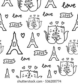 Doodles cute romantic seamless pattern. Black vector background. Illustration with cats and hearts. Design for T-shirt, textile and prints.