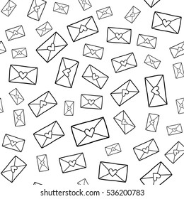 Doodles cute romantic seamless pattern. Black vector background. Illustration with envelope and hearts. Design for T-shirt, textile and prints.