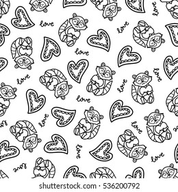 Doodles cute romantic seamless pattern. Black vector background. Illustration with hearts and raccoons. Design for T-shirt, textile and prints.