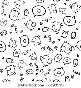 Doodles cute romantic seamless pattern. Black vector background. Illustration with birds and hearts. Design for T-shirt, textile and prints.