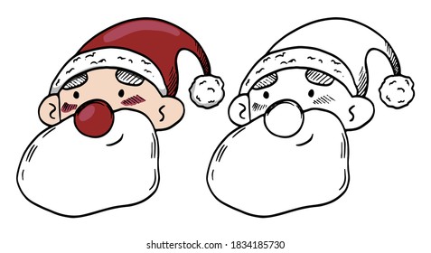 Doodles of cute Santa Claus head. Hand drawn vector illustration. Realistic vintage sketch. Set of black contour and color elements isolated on white. For design, decor, prints, card, sticker, poster.