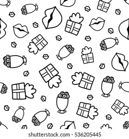 Doodles cute seamless pattern. Black vector background. Illustration with gifts and flowers. Design for T-shirt, textile and prints.