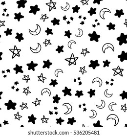 Doodles cute seamless pattern. Black vector background. Illustration with moon and stars. Design for T-shirt, textile and prints.