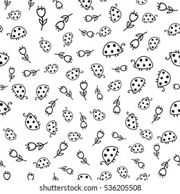 Doodles cute seamless pattern. Black vector background. Illustration with ladybugs and flowers. Design for T-shirt, textile and prints.