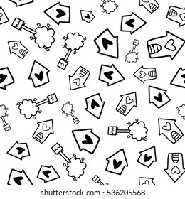 Doodles cute seamless pattern. Black vector background. Illustration with houses and trees. Design for T-shirt, textile and prints.