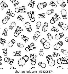 Doodles cute seamless pattern. Black vector background. Illustration with cactuses. Design for T-shirt, textile and prints.