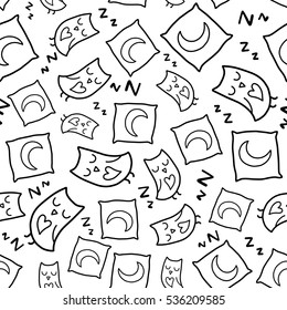 Doodles cute seamless pattern. Black vector background. Illustration with owls and pillows. Design for T-shirt, textile and prints.