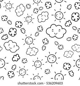 Doodles Cute Seamless Pattern Black Vector Background Illustration With Sun And Clouds Design