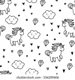 Doodles Cute Seamless Pattern Black Vector Background Illustration With Pony And Cloud Design