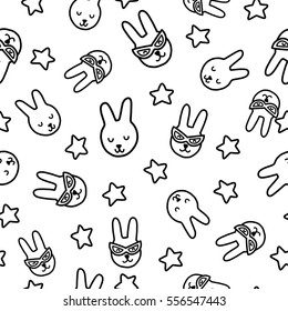 Doodles cute seamless pattern. Black vector background. Illustration with rabbit and stars. Design for T-shirt, textile and prints.