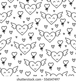 Doodles cute seamless pattern. Black vector background. Illustration with hearts. Design for T-shirt, textile and prints. Valentine's day theme.