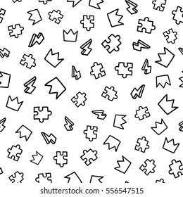 Doodles cute seamless pattern. Black vector background. Illustration with crown, lightning and puzzle. Design for T-shirt, textile and prints.