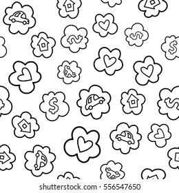 Doodles cute seamless pattern. Black vector background. Illustration with clouds. Design for T-shirt, textile and prints.