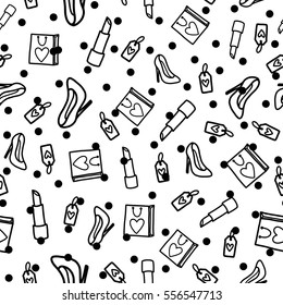 Doodles cute seamless pattern. Black vector background. Illustration with shoes and lipstick. Design for T-shirt, textile and prints.