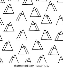 Doodles cute seamless pattern. Black vector background. Illustration with mountains. Design for T-shirt, textile and prints.