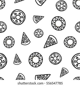 Doodles cute seamless pattern. Black vector background. Illustration with pizza and donut. Design for T-shirt, textile and prints.
