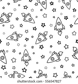 Doodles cute seamless pattern. Black vector background. Illustration with rocket and stars. Design for T-shirt, textile and prints.