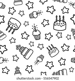 Doodles cute seamless pattern. Black vector background. Illustration with cake and cupcake. Design for T-shirt, textile and prints. Happy birthday theme.