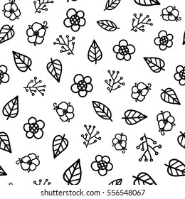Doodles cute seamless pattern. Black vector background. Illustration with flowers and leaves. Design for T-shirt, textile and prints.