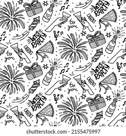 Doodles cute seamless pattern with cake, ballons and glasses. Happy birthday theme background. Party seamless vector pattern.
