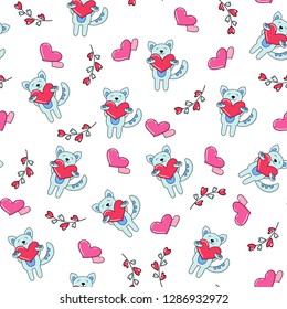 Doodles cute seamless pattern. Color vector background. Illustration with a cat, heart. Design for T-shirt, textile and prints. Valentine's day theme.