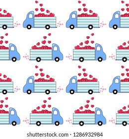 Doodles cute seamless pattern. Color vector background. Illustration with a truck full of hearts. Design for T-shirt, textile and prints. Valentine's day theme.