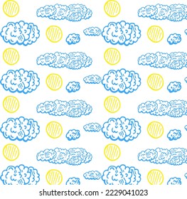 Doodles süßes, nahtloses Muster. Farbvektorhintergrund. Illustration mit Sonne und Wolken. Design für T-Shirt, Textilien und Drucke.