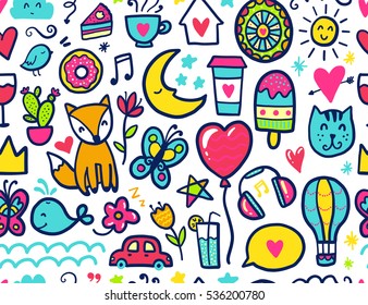 Doodles cute seamless pattern. Color vector background. Illustration with hearts and flowers, animals and coffee, eat and stars.