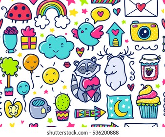 Doodles cute seamless pattern. Color vector background. Illustration with hearts and flowers, animals and tea, cloud and stars.