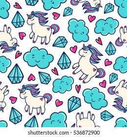 Doodles tierno y sin costuras. Fondo vectorial de color. Ilustración con pony y cloud. Diseño para camisetas, textiles e impresiones.