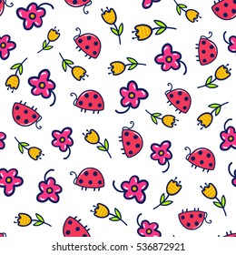 Doodles cute seamless pattern. Color vector background. Illustration with ladybugs and flowers. Design for T-shirt, textile and prints.
