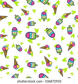 Doodles cute seamless pattern. Color vector background. Illustration with ice cream. Design for T-shirt, textile and prints.