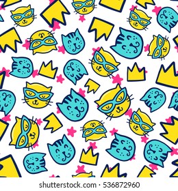 Doodles cute seamless pattern. Color vector background. Illustration with cats and crown. Design for T-shirt, textile and prints.