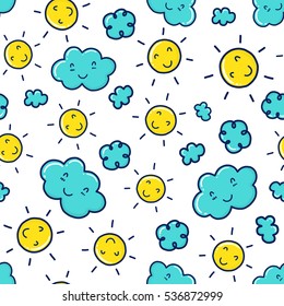 Doodles cute seamless pattern. Color vector background. Illustration with sun and clouds. Design for T-shirt, textile and prints.