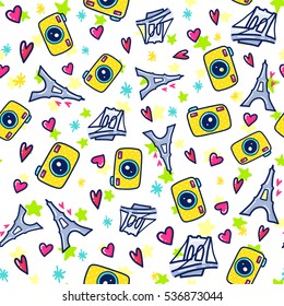 Doodles cute seamless pattern. Color vector background. Illustration with camera and tower. Design for T-shirt, textile and prints.
