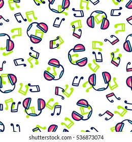 Doodles cute seamless pattern. Color vector background. Illustration with headphones and music notes. Design for T-shirt, textile and prints.