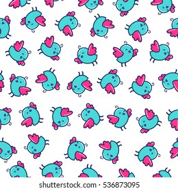 Doodles cute seamless pattern. Color vector background. Illustration with birds. Design for T-shirt, textile and prints.